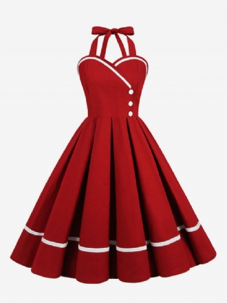 Retro-kjole For Kvinner 1950-talls Audrey Hepburn-stil Burgunder Lagdelte Knapper Ermeløs Sweetheart Neck Swing Dress