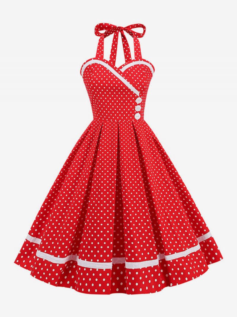 Retro-kjole For Kvinner 1950-talls Audrey Hepburn-stil Burgunder Lagdelte Knapper Ermeløs Sweetheart Neck Swing Dress - Rød