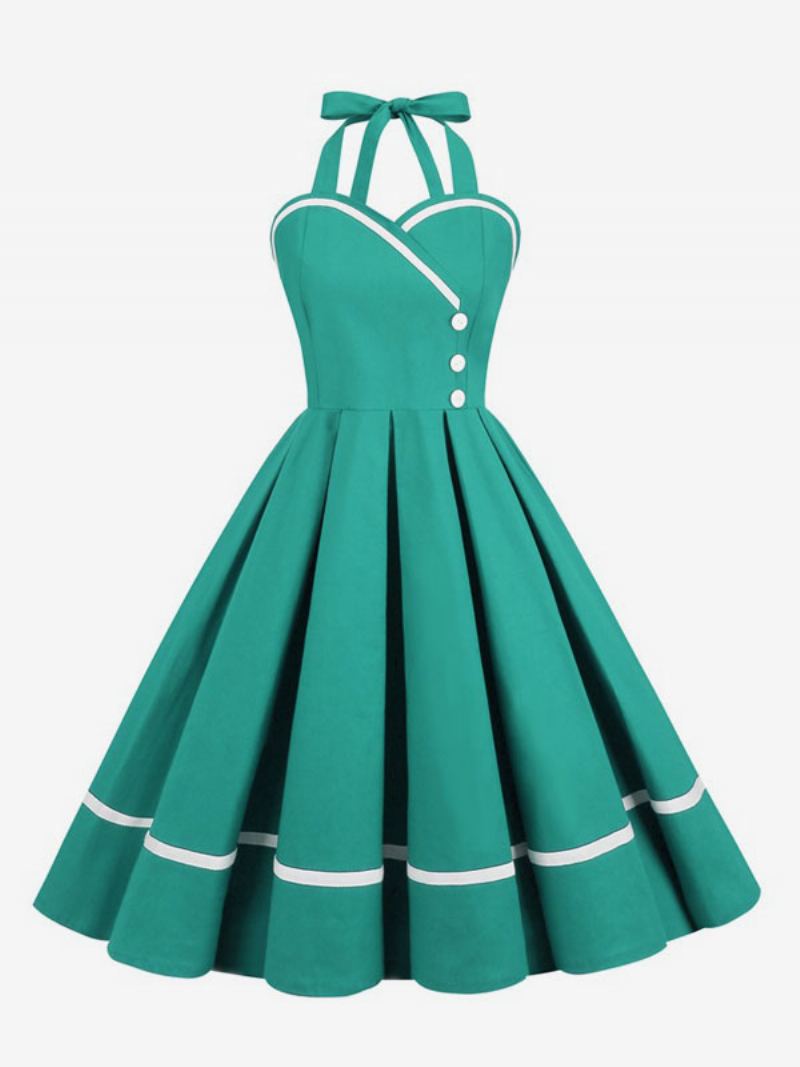 Retro-kjole For Kvinner 1950-talls Audrey Hepburn-stil Burgunder Lagdelte Knapper Ermeløs Sweetheart Neck Swing Dress - Aqua