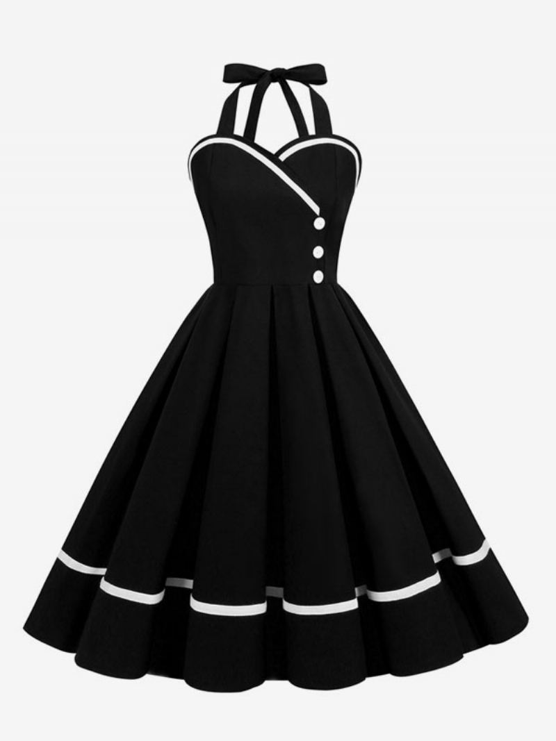 Retro-kjole For Kvinner 1950-talls Audrey Hepburn-stil Burgunder Lagdelte Knapper Ermeløs Sweetheart Neck Swing Dress - Sort