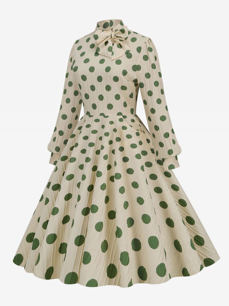 Retrokjole 1950-talls Audrey Hepburn-stil Sløyfer Med Høy Krage Langermet Medium Polka Dot Swingkjole For Kvinner - Grønn