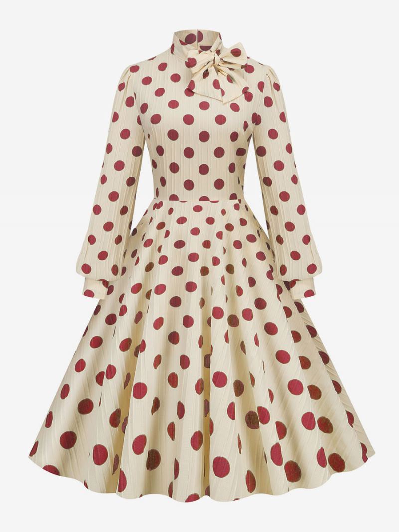 Retrokjole 1950-talls Audrey Hepburn-stil Sløyfer Med Høy Krage Langermet Medium Polka Dot Swingkjole For Kvinner - Rød