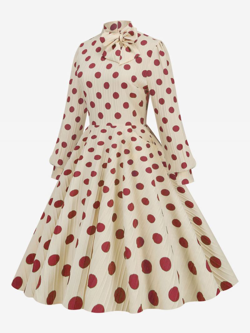 Retrokjole 1950-talls Audrey Hepburn-stil Sløyfer Med Høy Krage Langermet Medium Polka Dot Swingkjole For Kvinner - Rød