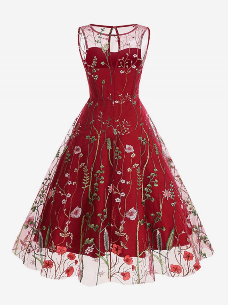 Retrokjole For Kvinner 1950-talls Audrey Hepburn-stil Blå Blomstertrykk Skinnbrodert Ermeløs Rockabilly-kjole Med Juvelhals - Rød