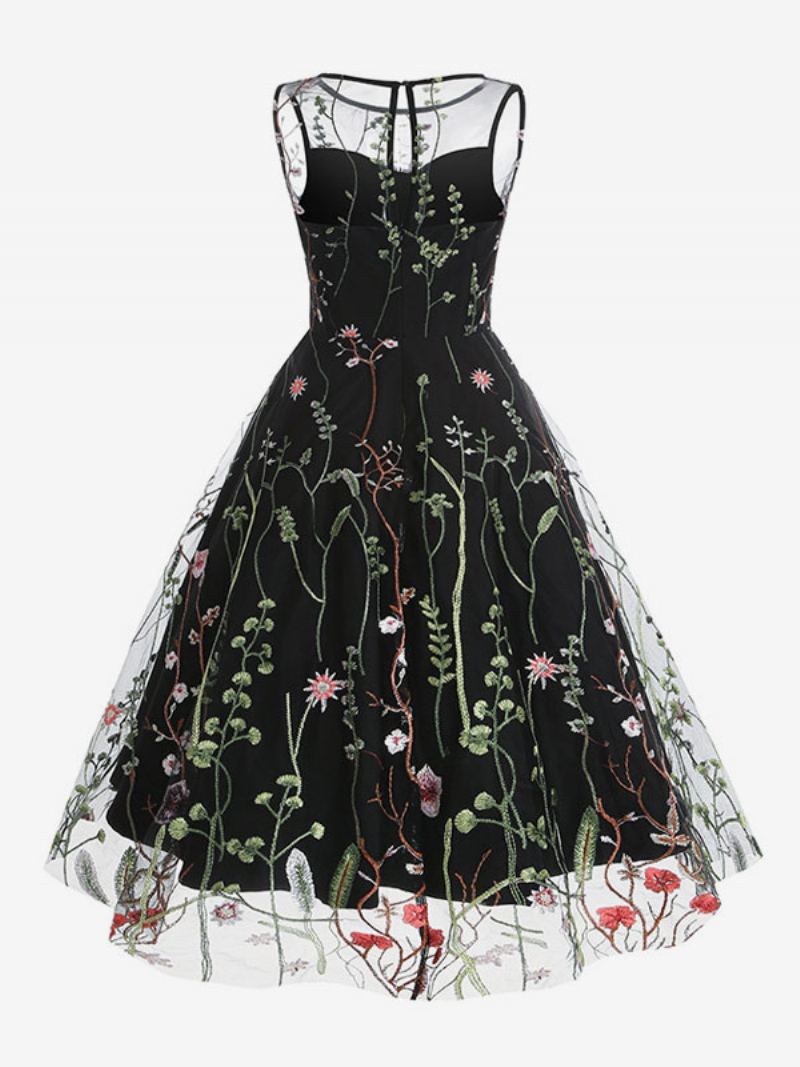 Retrokjole For Kvinner 1950-talls Audrey Hepburn-stil Blå Blomstertrykk Skinnbrodert Ermeløs Rockabilly-kjole Med Juvelhals - Sort