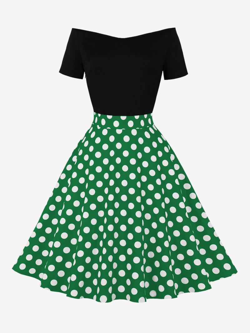 Retrokjole For Kvinner 1950-talls Audrey Hepburn-stil Juvelhals Kortermet Knelengde Polka Dot Rockabilly-kjole - Grønn