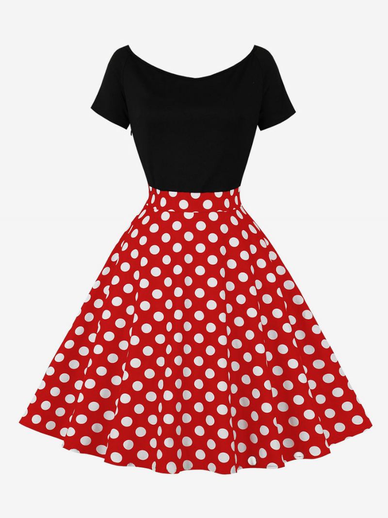 Retrokjole For Kvinner 1950-talls Audrey Hepburn-stil Juvelhals Kortermet Knelengde Polka Dot Rockabilly-kjole - Rød