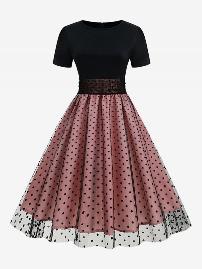 Retrokjole For Kvinner 1950-talls Audrey Hepburn-stil Juvelhals Lagdelt Korte Ermer Medium Polka Dot Rockabilly-kjole