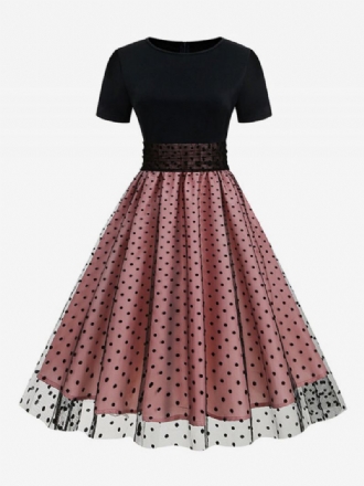 Retrokjole For Kvinner 1950-talls Audrey Hepburn-stil Juvelhals Lagdelt Korte Ermer Medium Polka Dot Rockabilly-kjole