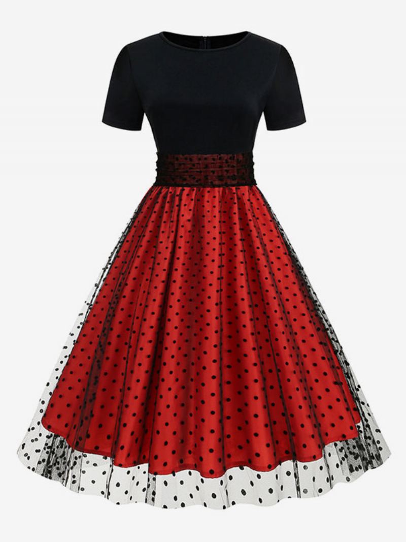 Retrokjole For Kvinner 1950-talls Audrey Hepburn-stil Juvelhals Lagdelt Korte Ermer Medium Polka Dot Rockabilly-kjole - Rød