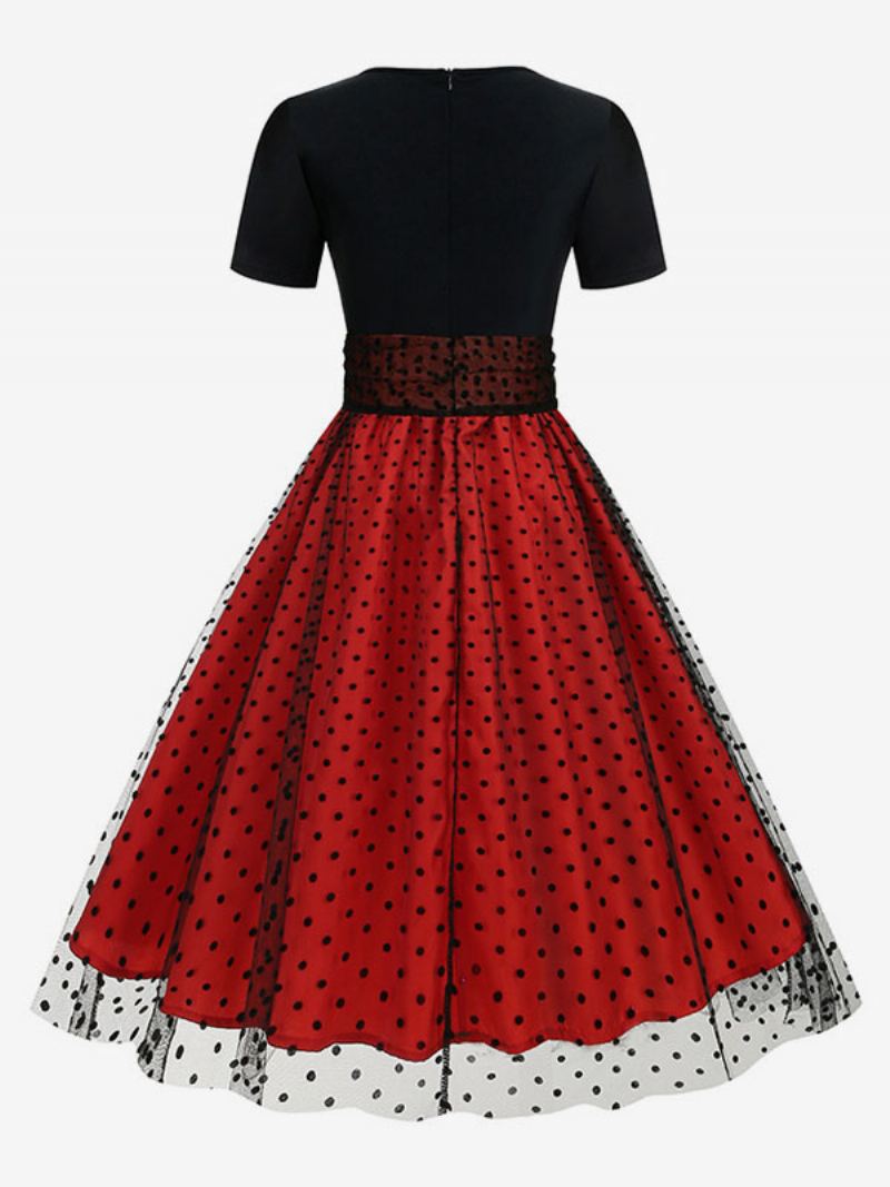 Retrokjole For Kvinner 1950-talls Audrey Hepburn-stil Juvelhals Lagdelt Korte Ermer Medium Polka Dot Rockabilly-kjole - Rød