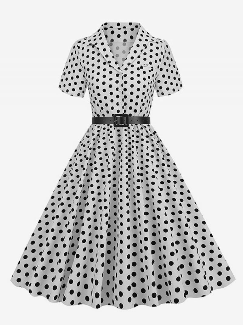 Retrokjole For Kvinner 1950-talls Audrey Hepburn-stil Turndown-knapper Med Krage Korte Ermer Polka Dot Swing Dress