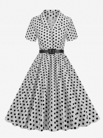 Retrokjole For Kvinner 1950-talls Audrey Hepburn-stil Turndown-knapper Med Krage Korte Ermer Polka Dot Swing Dress