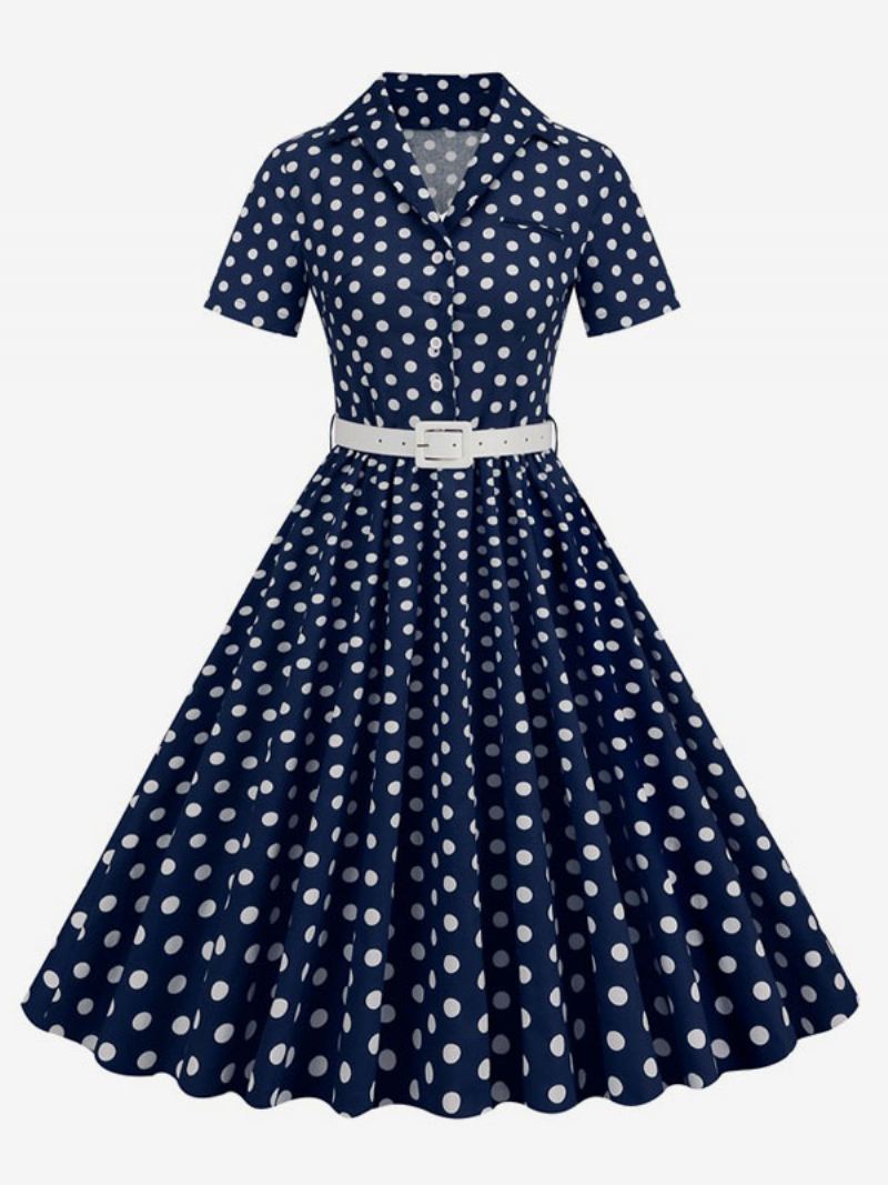 Retrokjole For Kvinner 1950-talls Audrey Hepburn-stil Turndown-knapper Med Krage Korte Ermer Polka Dot Swing Dress - Mørk Navy