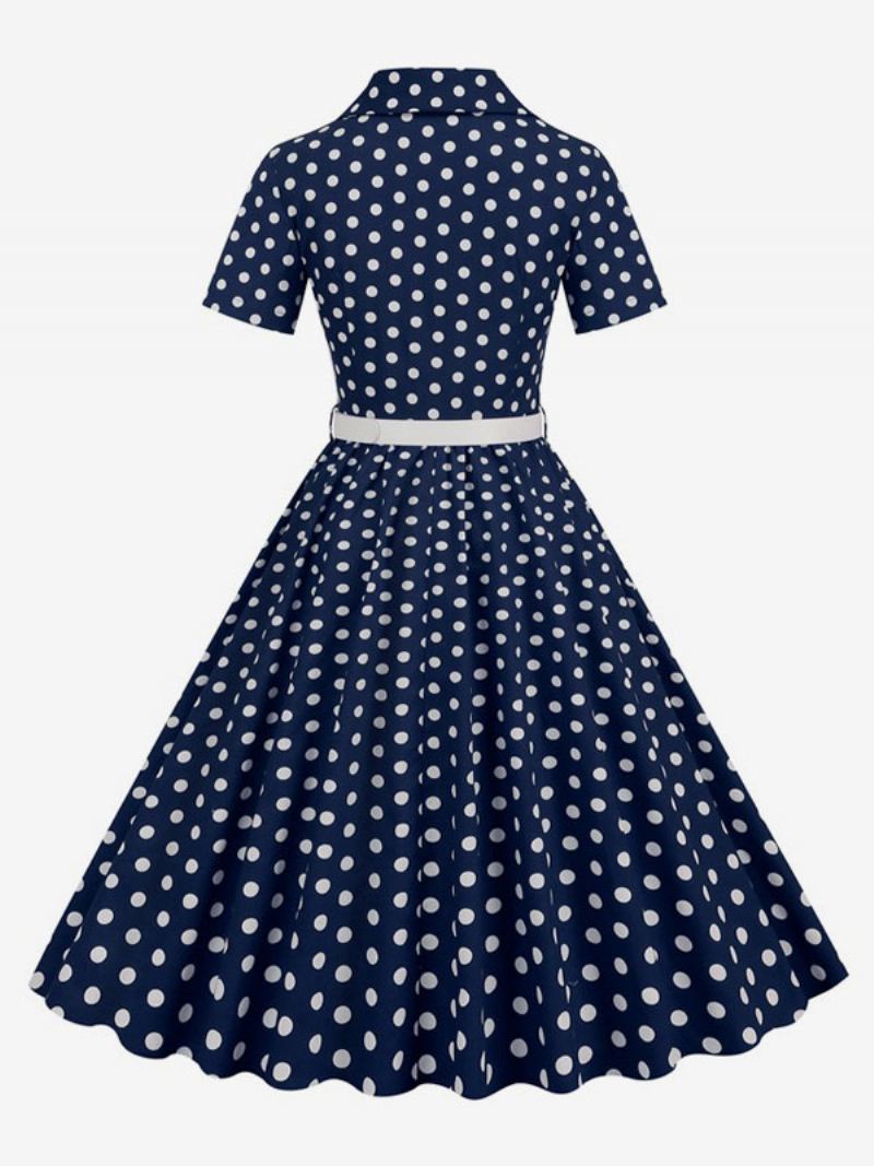 Retrokjole For Kvinner 1950-talls Audrey Hepburn-stil Turndown-knapper Med Krage Korte Ermer Polka Dot Swing Dress - Mørk Navy