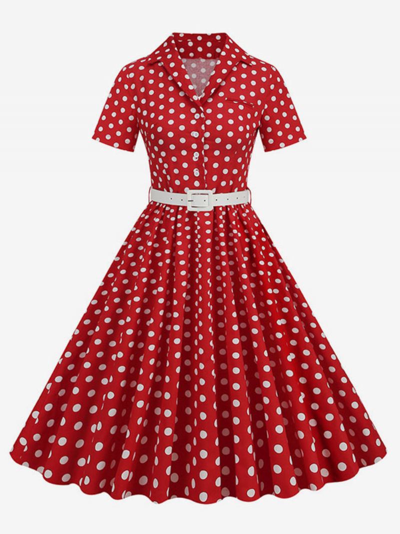 Retrokjole For Kvinner 1950-talls Audrey Hepburn-stil Turndown-knapper Med Krage Korte Ermer Polka Dot Swing Dress - Rød