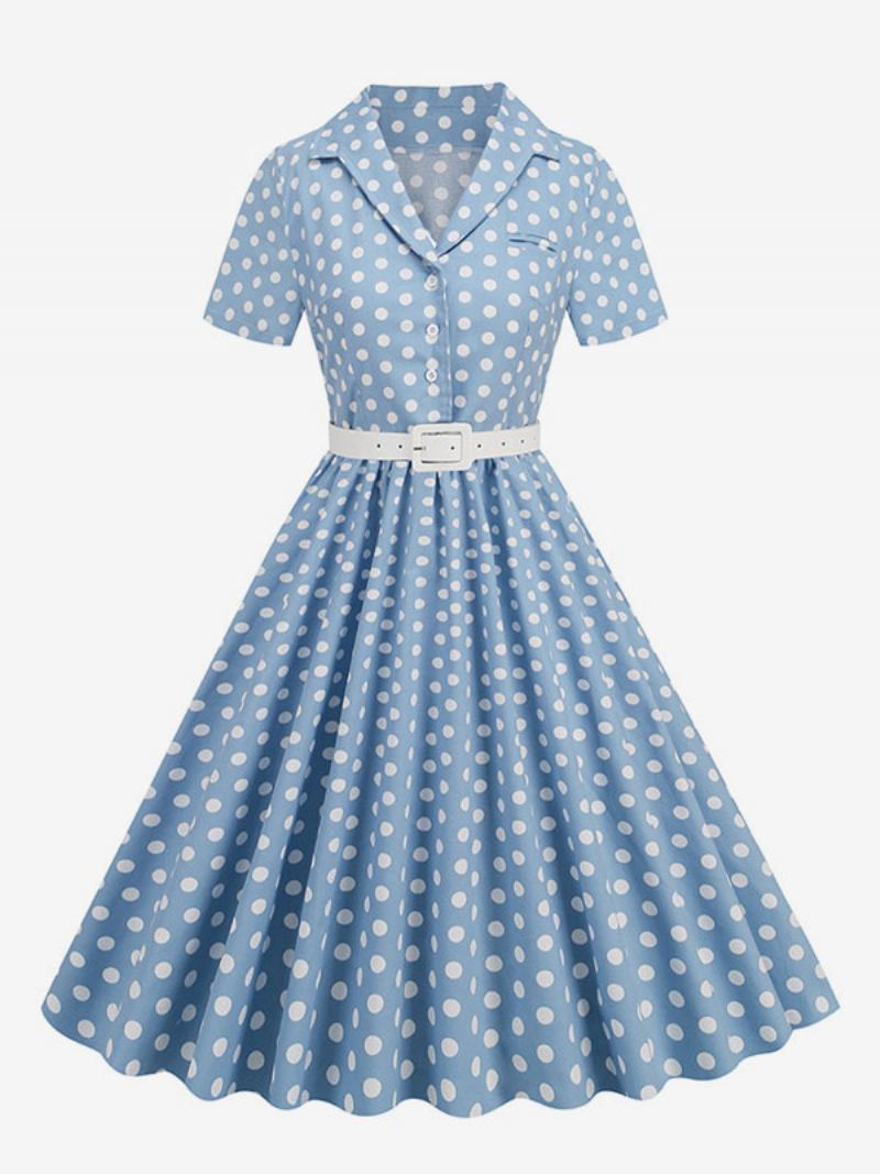 Retrokjole For Kvinner 1950-talls Audrey Hepburn-stil Turndown-knapper Med Krage Korte Ermer Polka Dot Swing Dress - Lys Himmelblå