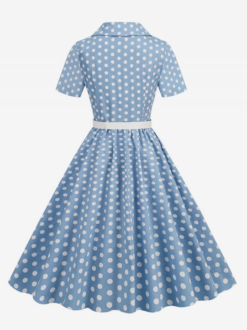 Retrokjole For Kvinner 1950-talls Audrey Hepburn-stil Turndown-knapper Med Krage Korte Ermer Polka Dot Swing Dress - Lys Himmelblå