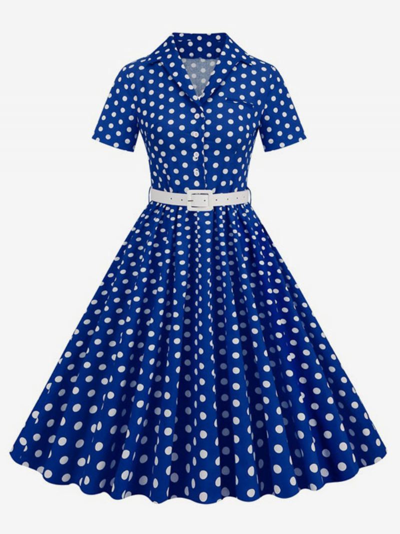 Retrokjole For Kvinner 1950-talls Audrey Hepburn-stil Turndown-knapper Med Krage Korte Ermer Polka Dot Swing Dress - Kongeblå