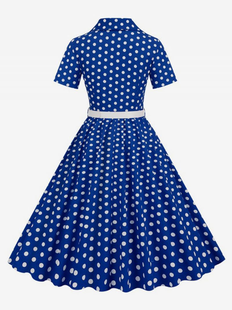 Retrokjole For Kvinner 1950-talls Audrey Hepburn-stil Turndown-knapper Med Krage Korte Ermer Polka Dot Swing Dress - Kongeblå