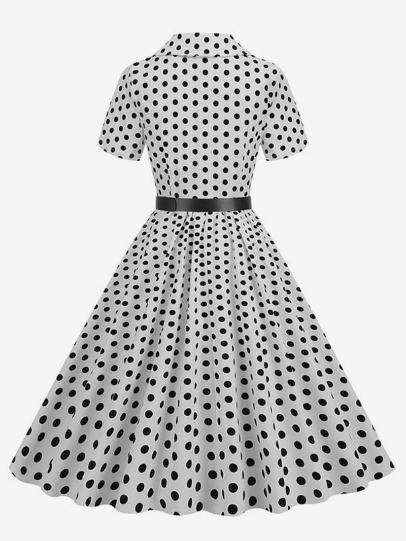 Retrokjole For Kvinner 1950-talls Audrey Hepburn-stil Turndown-knapper Med Krage Korte Ermer Polka Dot Swing Dress - Hvit