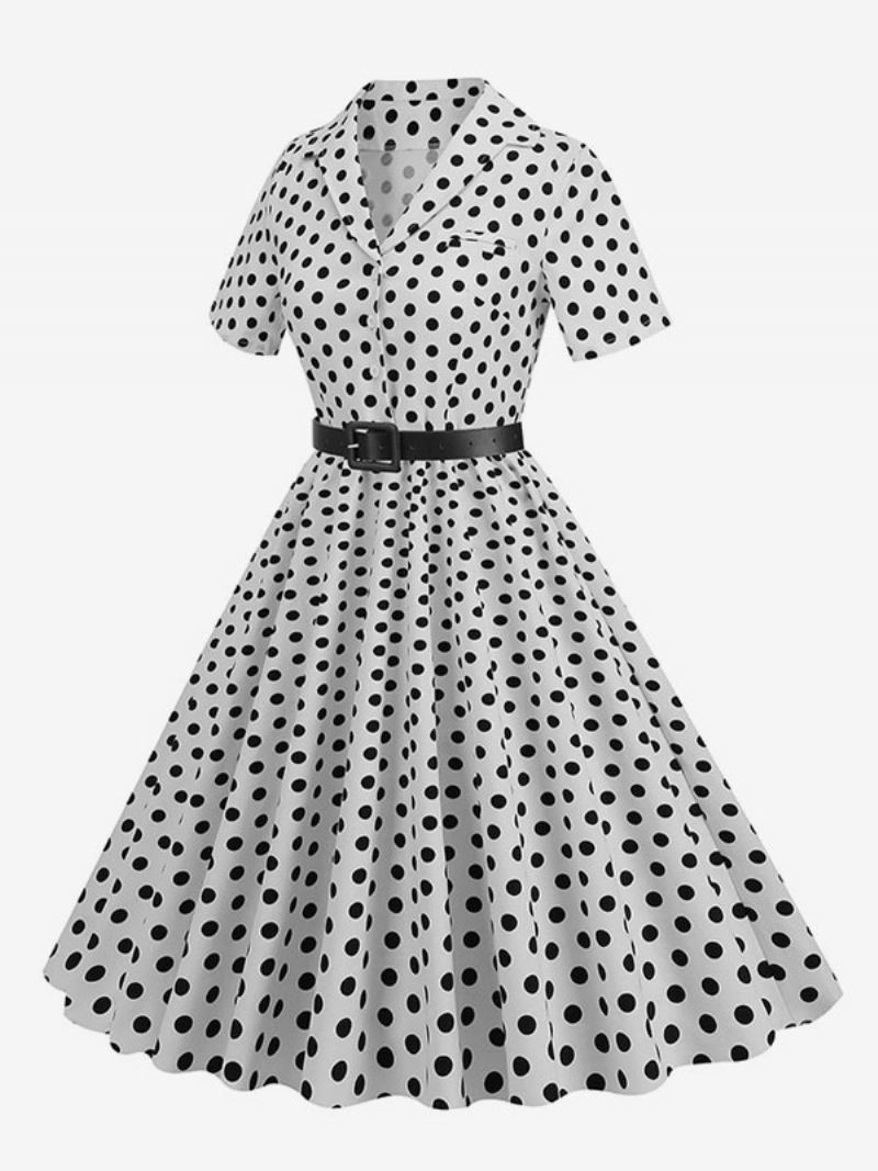 Retrokjole For Kvinner 1950-talls Audrey Hepburn-stil Turndown-knapper Med Krage Korte Ermer Polka Dot Swing Dress - Hvit