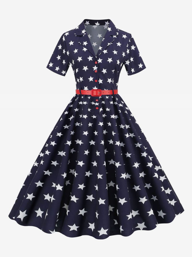 Retrokjole For Kvinner 1950-talls Audrey Hepburn-stil V-hals Sash Lagdelte Korte Ermer Medium Flagg Rockabilly-kjole - Mørk Navy