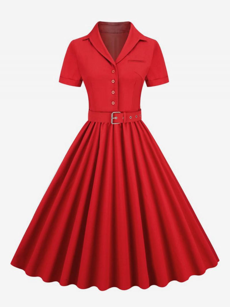 Retrokjole For Kvinner 1950-talls Audrey Hepburn-stil V-halsknapper Lagdelte Korte Ermer Medium Rockabilly-kjole - Rød