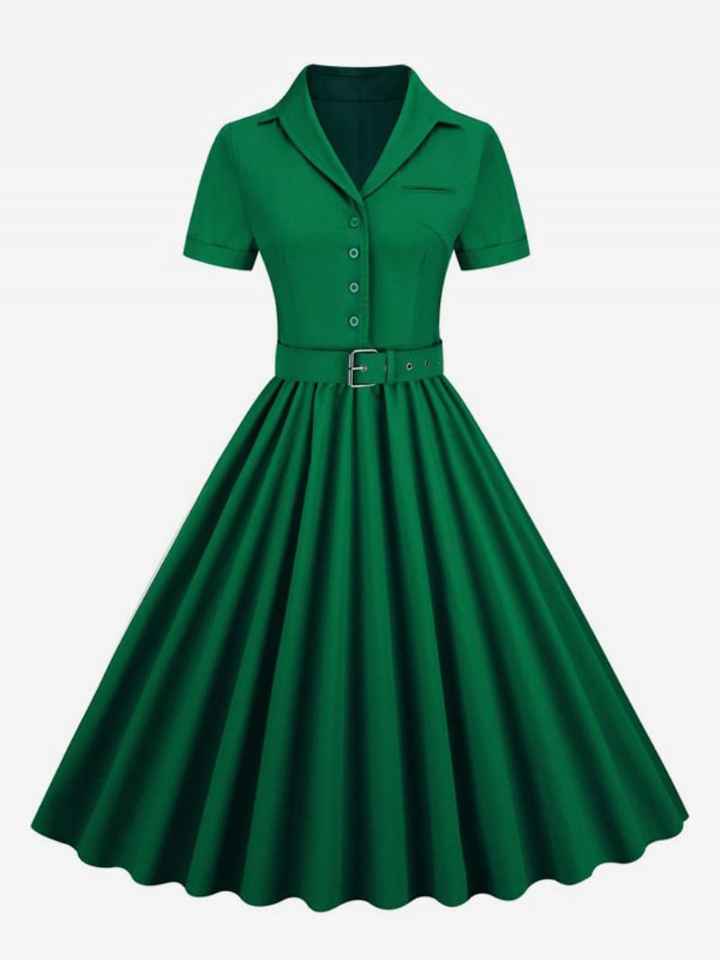 Retrokjole For Kvinner 1950-talls Audrey Hepburn-stil V-halsknapper Lagdelte Korte Ermer Medium Rockabilly-kjole - Mørkegrønn