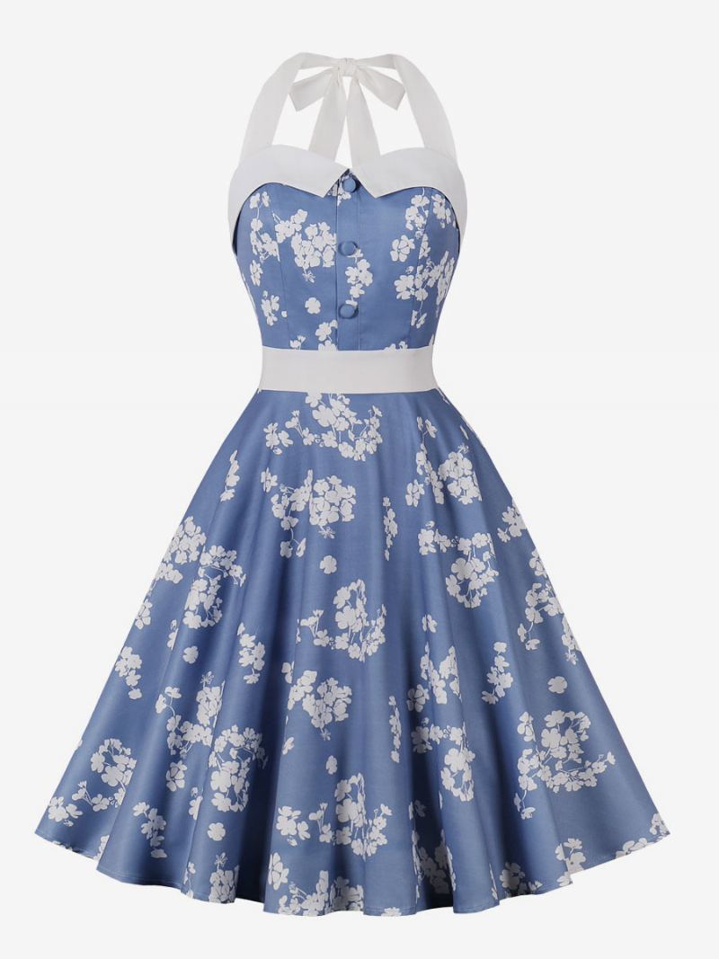 Retrokjole For Kvinner Babyblå Blomstertrykk 1950-talls Audrey Hepburn-stil Ermeløs Grime Rockabilly-kjole