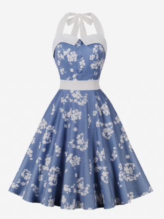 Retrokjole For Kvinner Babyblå Blomstertrykk 1950-talls Audrey Hepburn-stil Ermeløs Grime Rockabilly-kjole