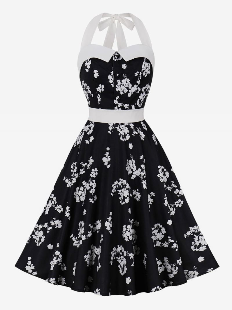 Retrokjole For Kvinner Babyblå Blomstertrykk 1950-talls Audrey Hepburn-stil Ermeløs Grime Rockabilly-kjole - Sort