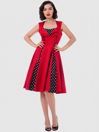 Rød Vintagekjole Polka Dot Firkantet Hals Ermeløs Slim Fit Circle Skater Dress For Kvinner