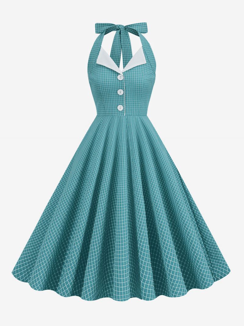 Vintagekjole 1950-talls Audrey Hepburn-stil Grimeknapper Ermeløse Kvinners Middels Rutete Rockabilly-kjole - Cyan Blå