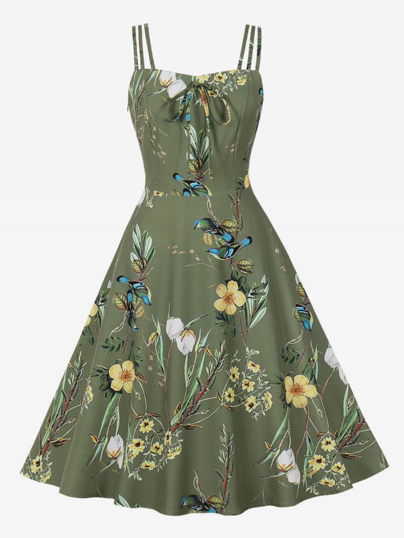 Vintagekjole 1950-talls Audrey Hepburn-stil Ryggløs Ermeløs Kvinners Knelengde Blomstertrykk Rockabilly-kjole - Hunter Green