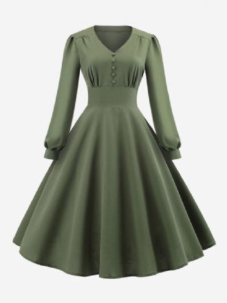 Vintagekjole For Kvinner 1950-talls Audrey Hepburn-stil V-hals Lagdelt Lange Ermer Medium Svingkjole