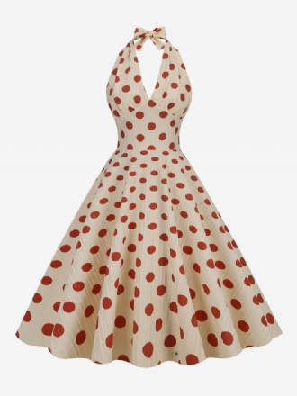 Vintagekjole For Kvinner Rød 1950-talls Audrey Hepburn-stil Polka Dot Plissert Ermeløs V-hals Medium Swing Dress