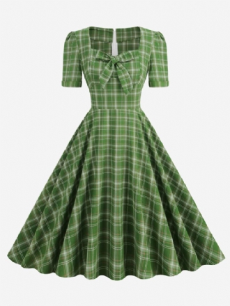 Vintagekjole For Kvinner Rød Rutete 1950-talls Audrey Hepburn-stilsløyfer Kortermet Sweetheart Neck Medium Swing Dress