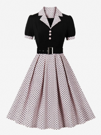 Vintagekjole For Kvinner Rosa Prikkete 1950-talls Audrey Hepburn-stil Sash Korte Ermer V-hals Knelengde Svingkjole