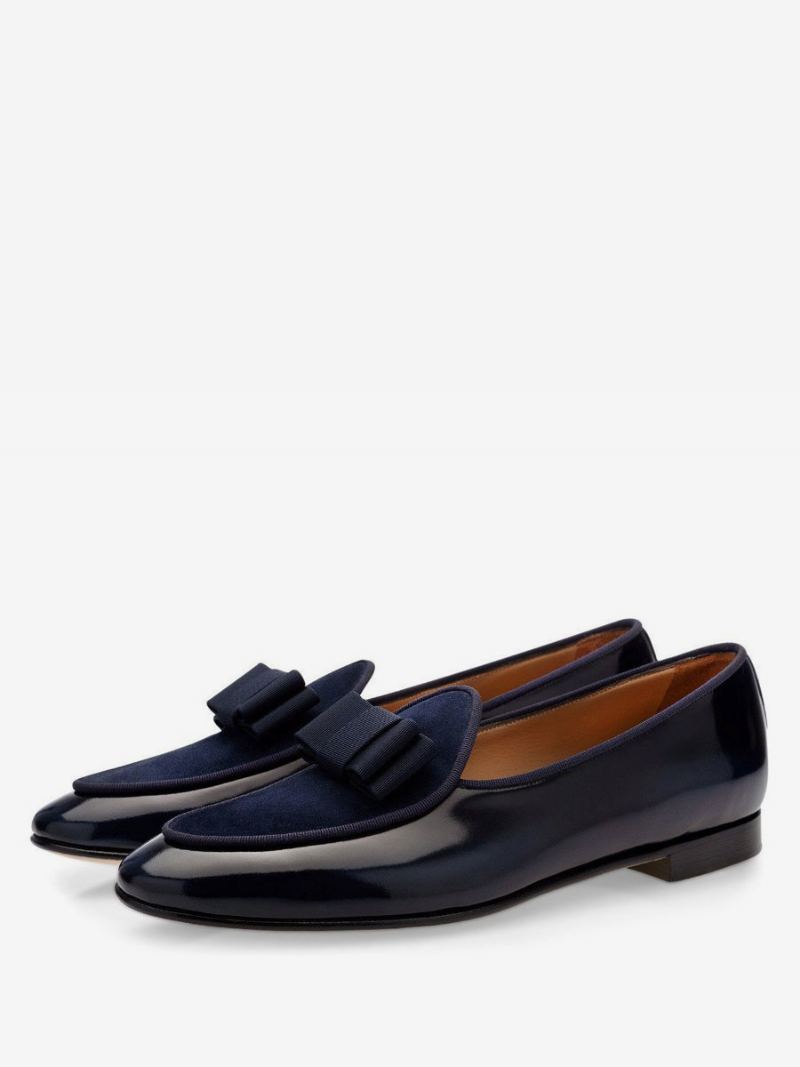 Bowknot Kjole Loafers For Menn I Vegansk Lakkskinn Prom Bryllupssko - Mørk Navy