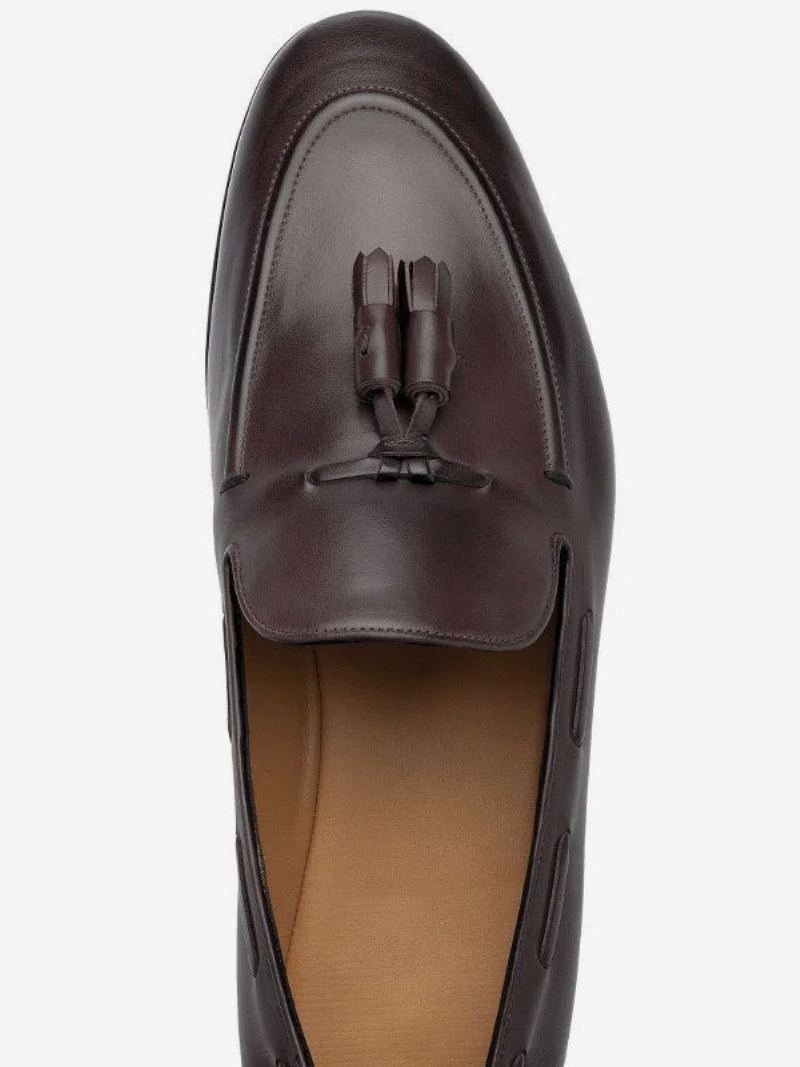 Brune Loafers For Menn Rund Tå Tassles Slip On Dress Dusk Groom Sko - Mørk Brun