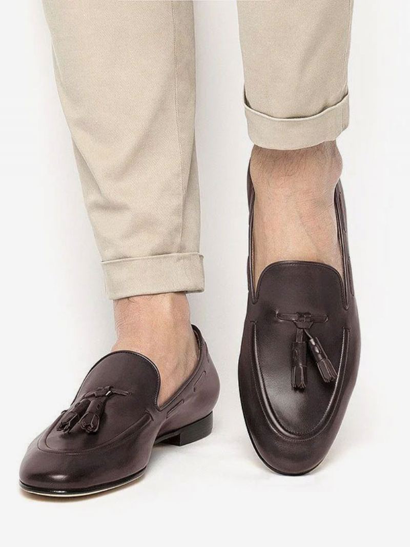 Brune Loafers For Menn Rund Tå Tassles Slip On Dress Dusk Groom Sko - Mørk Brun