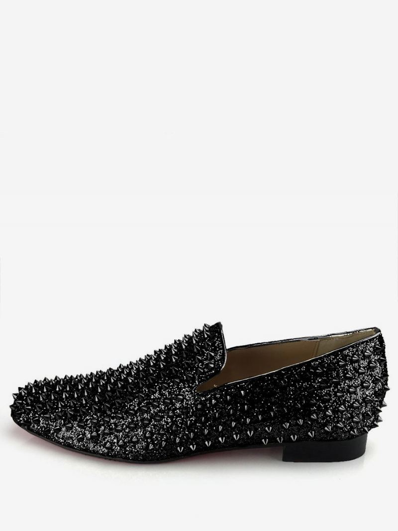 Herre Gull Glitter Spike Loafers Slip On Prom Party Bryllup Sko - Svart