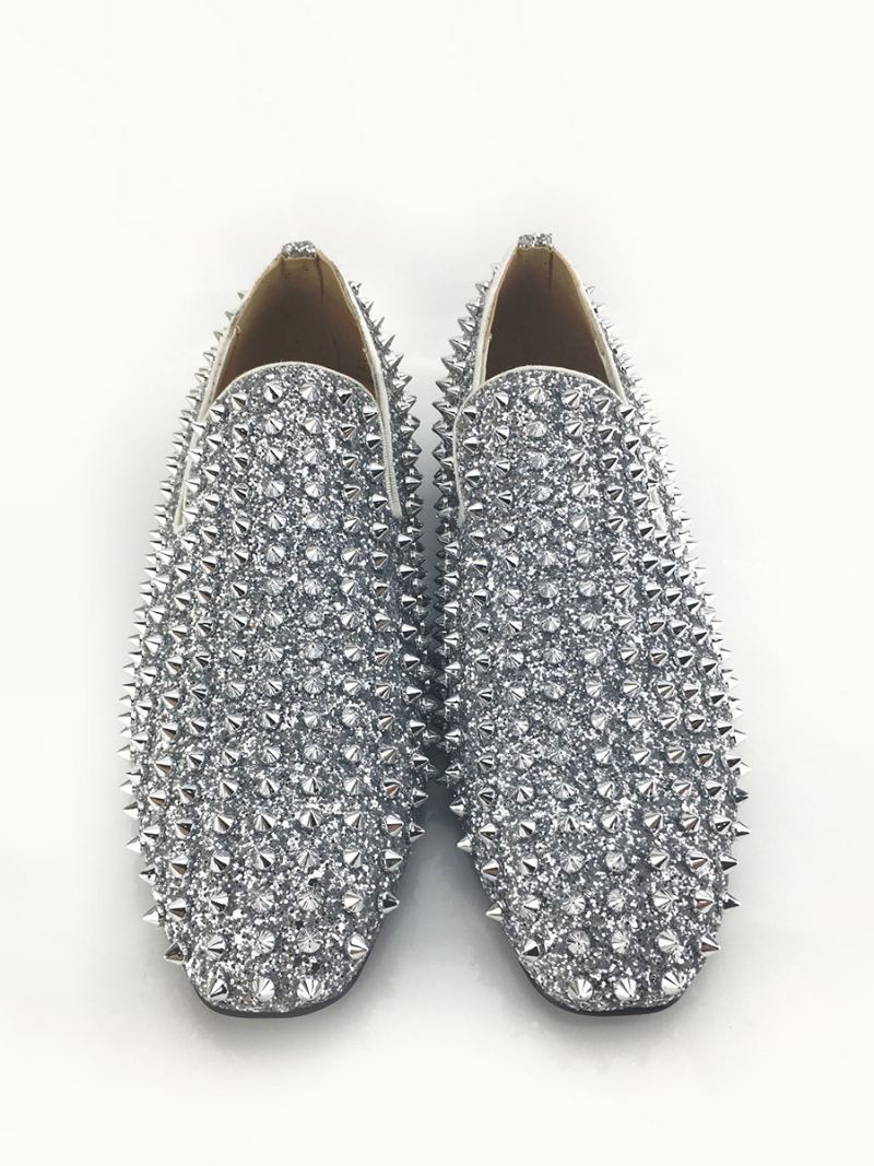 Herre Gull Glitter Spike Loafers Slip On Prom Party Bryllup Sko - Sølv