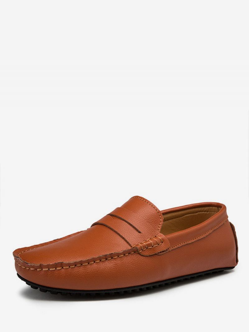 Herre Hvite Loafers Rund Toe Slip On Driving Sko - Kaffe Brun