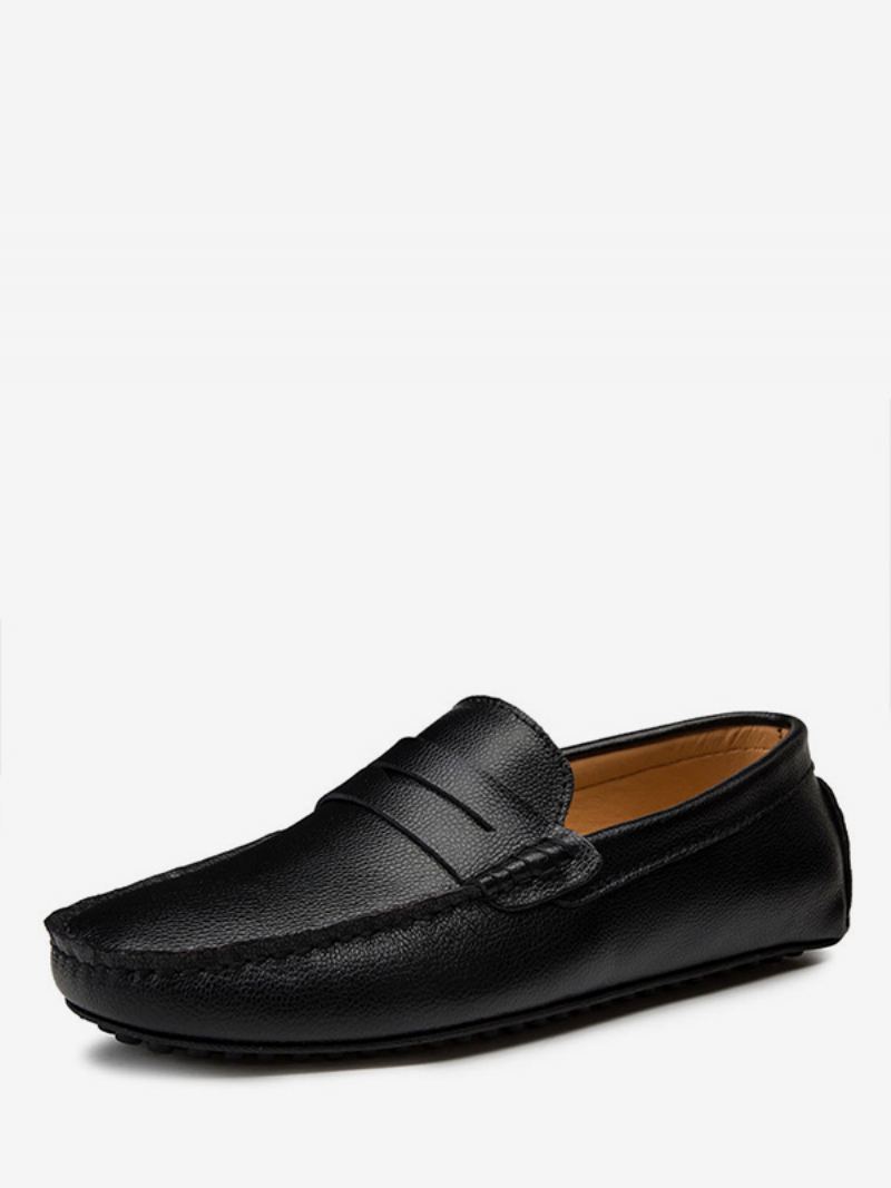 Herre Hvite Loafers Rund Toe Slip On Driving Sko - Sort