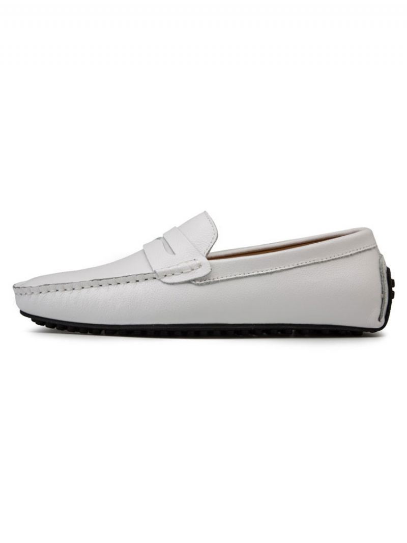 Herre Hvite Loafers Rund Toe Slip On Driving Sko - Hvit