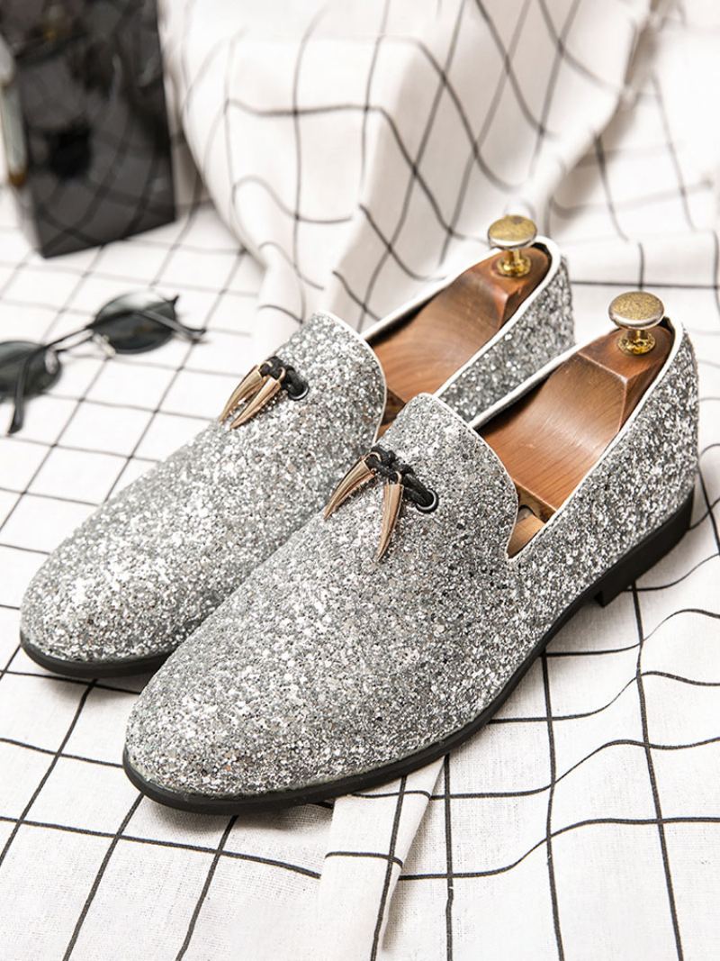 Herre Loafer Ball Party Bryllup Sko Svart Glitter Slip-on Rund Toe Dress - Sølv