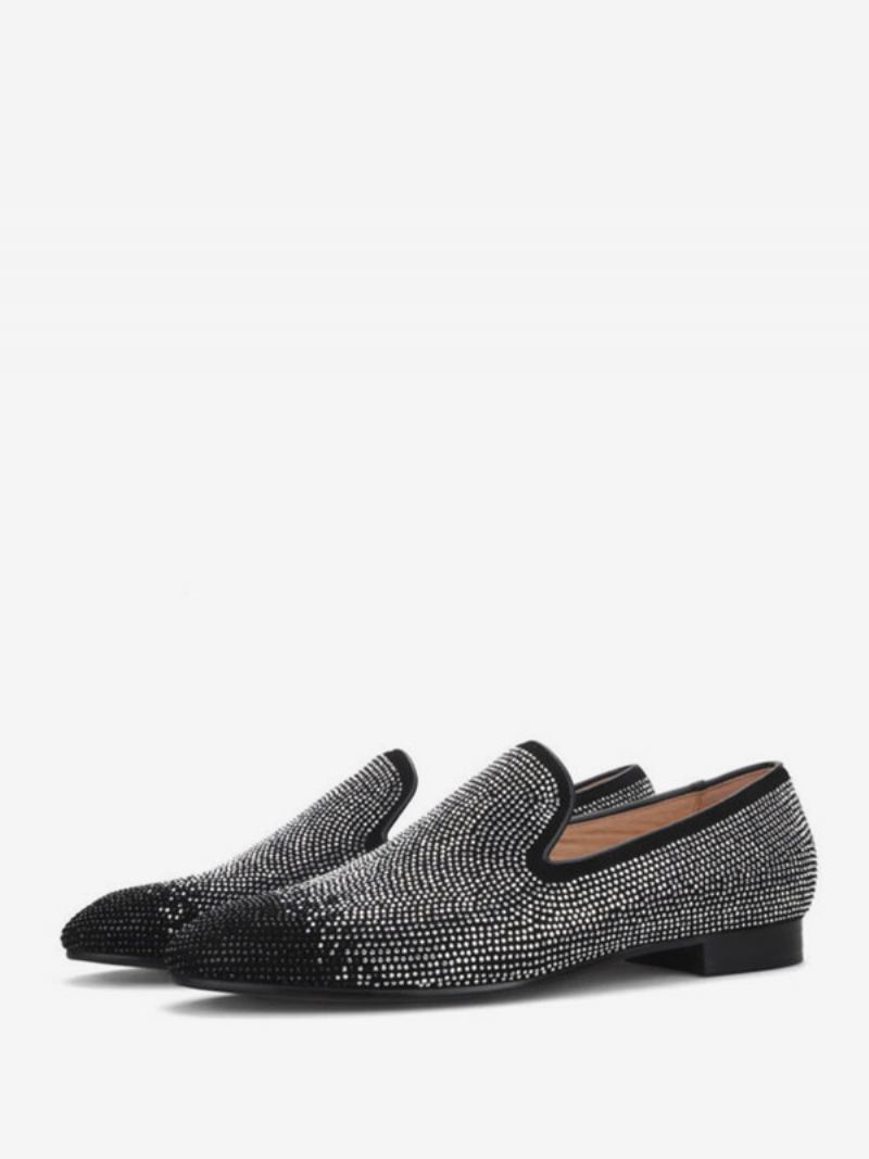 Herre Loafer For Menn Svart Og Sølv Krystall Rhinestones Slip-on Rund Toe Semsket Skinn Øvre Prom Bryllupssko