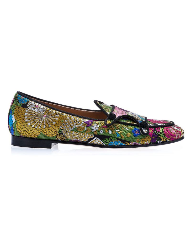 Herre Loafers Ball Party Bryllup Sko Blomsterbrodert Slip On Flat Prom Bryllupssko - Gull